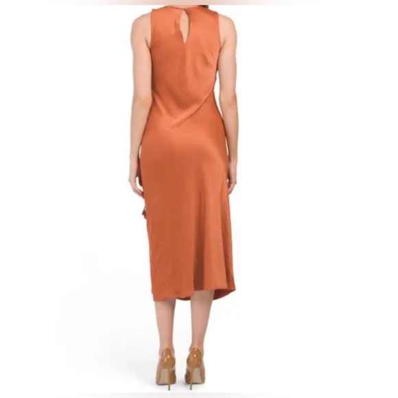 House of Harlow 1960 Auburn Burnt Orange Satin Cinched Midi Dress - Picture 3 of 3